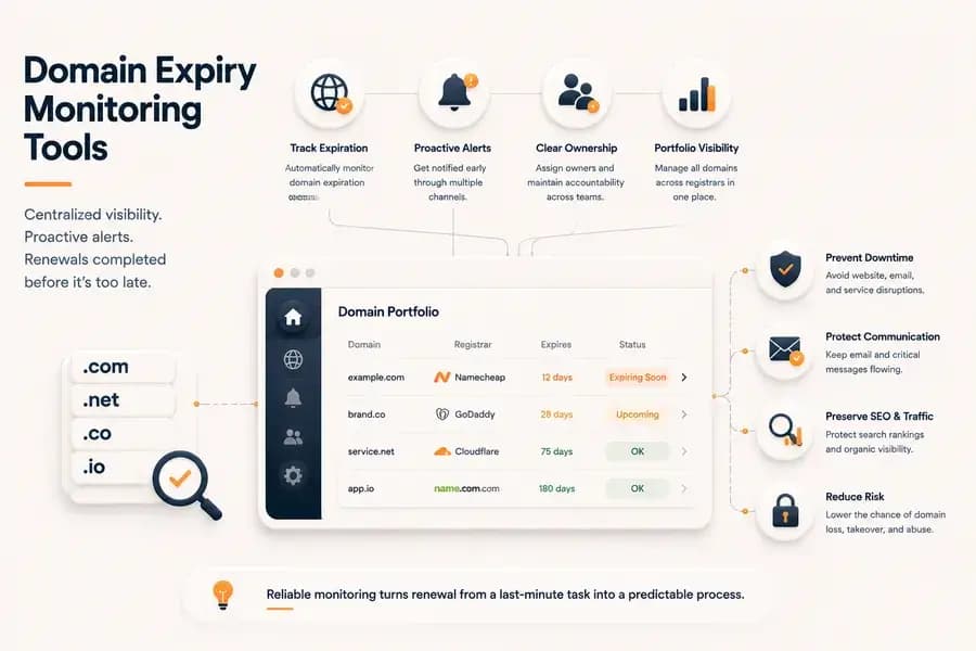 Editorial illustration showing a domain expiry monitoring system with centralized portfolio visibility, expiration tracking, proactive alerts, ownership management, and risk reduction for multiple domains.
