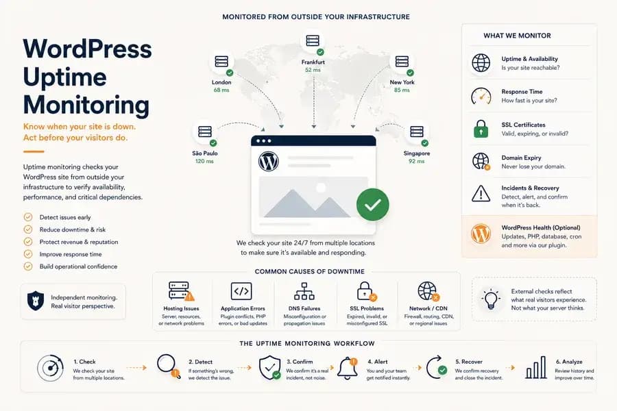 WordPress uptime monitoring checks website availability, response time, SSL certificates, domain expiry, and incidents from multiple external locations.