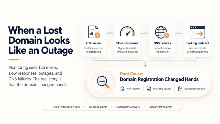 Monitoring signals such as TLS failures, slow responses, DNS errors, and parking redirects shown as symptoms of a deeper issue: a domain registration changing hands.