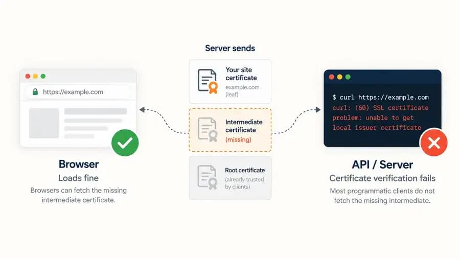 Browser successfully loads a site while API and server clients fail TLS verification because the server is missing the intermediate certificate.