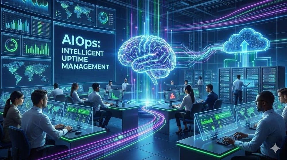Futuristic IT operations center powered by AI for intelligent uptime management and incident response.