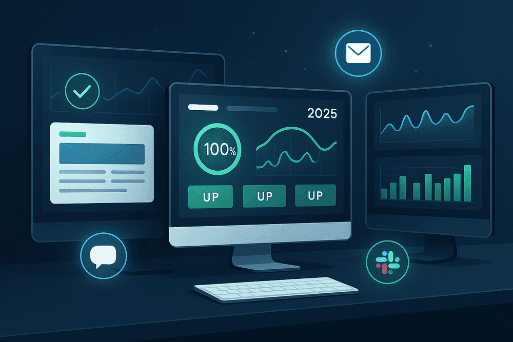 Website monitoring tools dashboard illustration for 2025, showing graphs, notifications, and server status screens in a modern tech environment.