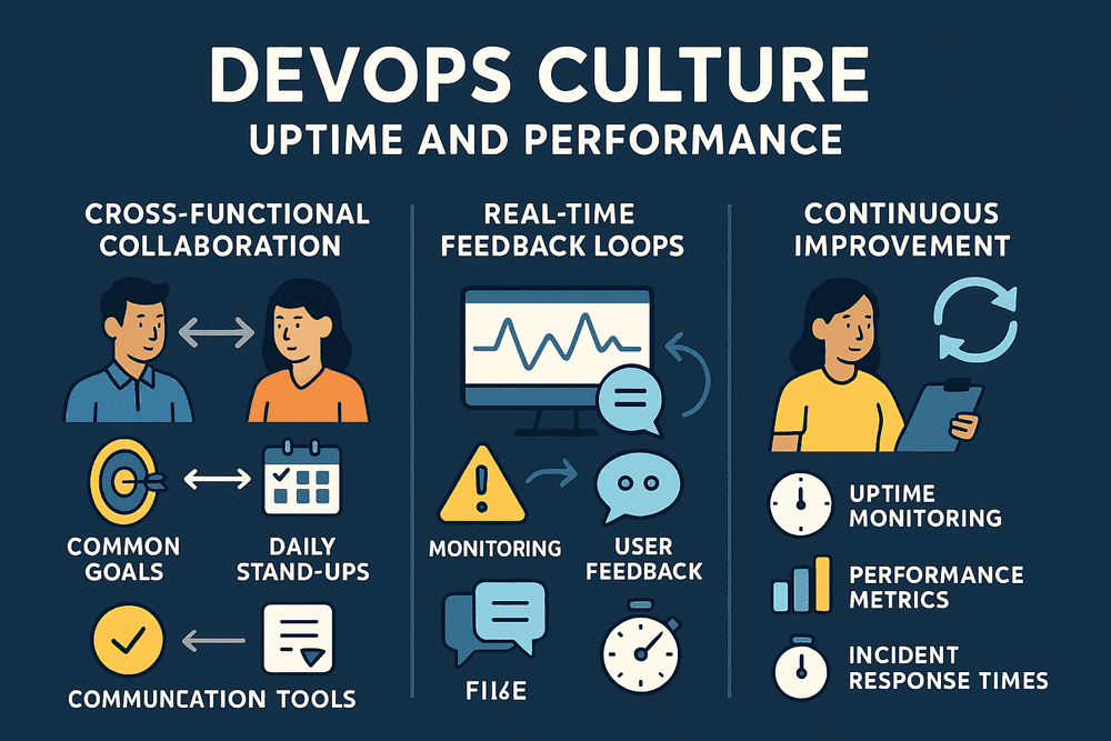Horizontal infographic illustrating DevOps culture with sections on cross-functional collaboration, real-time feedback loops, and continuous improvement, using simple icons and clean visual layout.