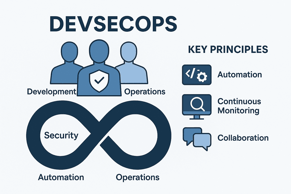 DevSecOps infographic illustrating the integration of development, security, and operations with automation, continuous monitoring, and collaboration to improve uptime and security