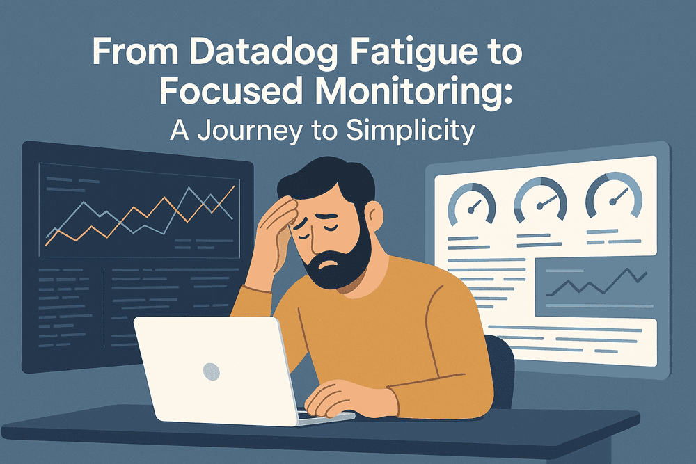 Illustration of an engineer overwhelmed by complex Datadog dashboards, transitioning toward a simple, focused monitoring interface representing Watchman Tower’s clarity-focused observability approach.