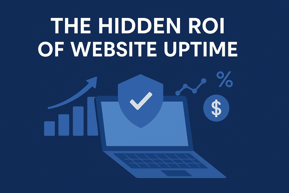 Illustration showing laptop with checkmark shield and upward profit chart, symbolizing website uptime ROI and business growth.