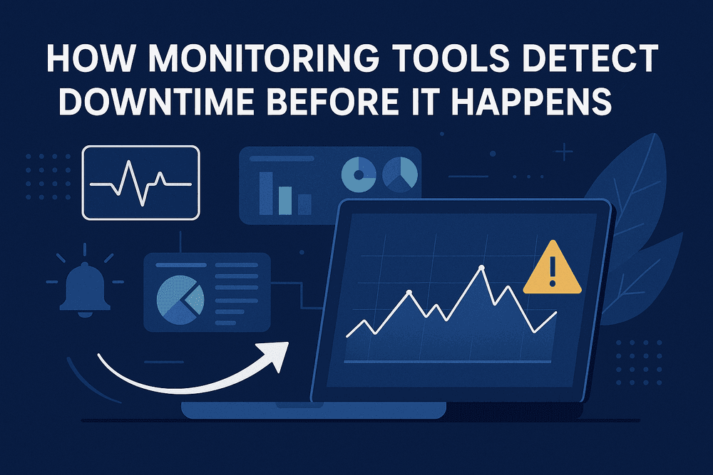 Illustration of monitoring dashboards detecting anomalies before downtime, with laptop graphs, warning icons, and heartbeat visuals in blue and green tones.