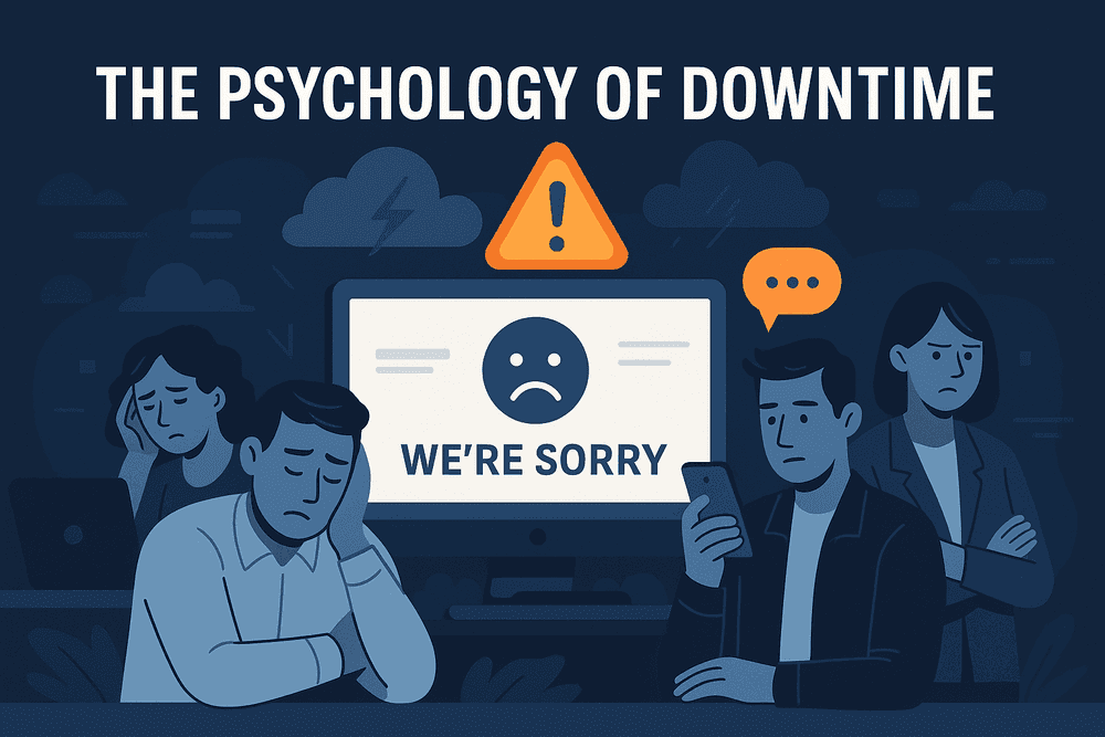 Team of engineers reacting to website downtime, showing frustration and empathy around a computer screen with an error message — illustrating the emotional side of outages.