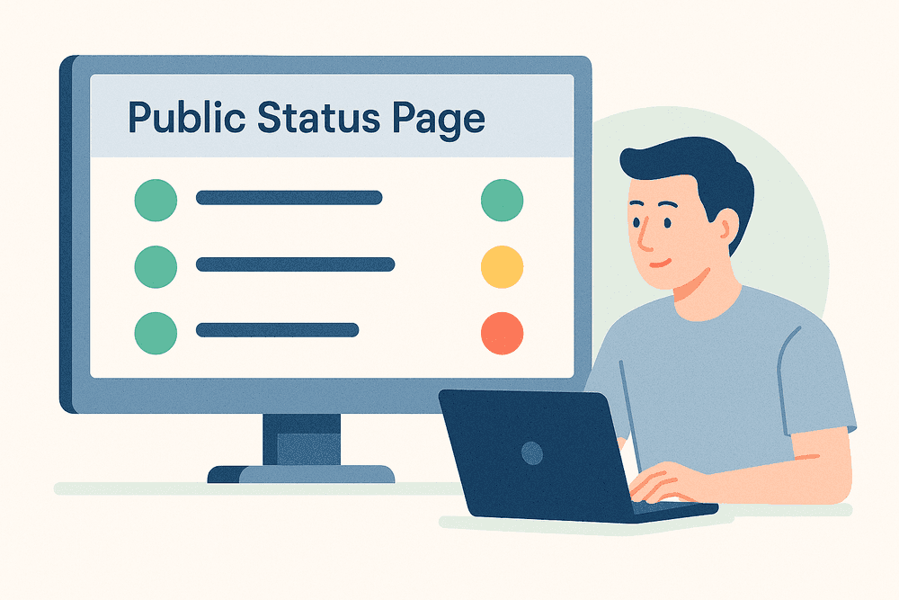 Digital illustration of a public status page dashboard showing service statuses in green, yellow, and red.