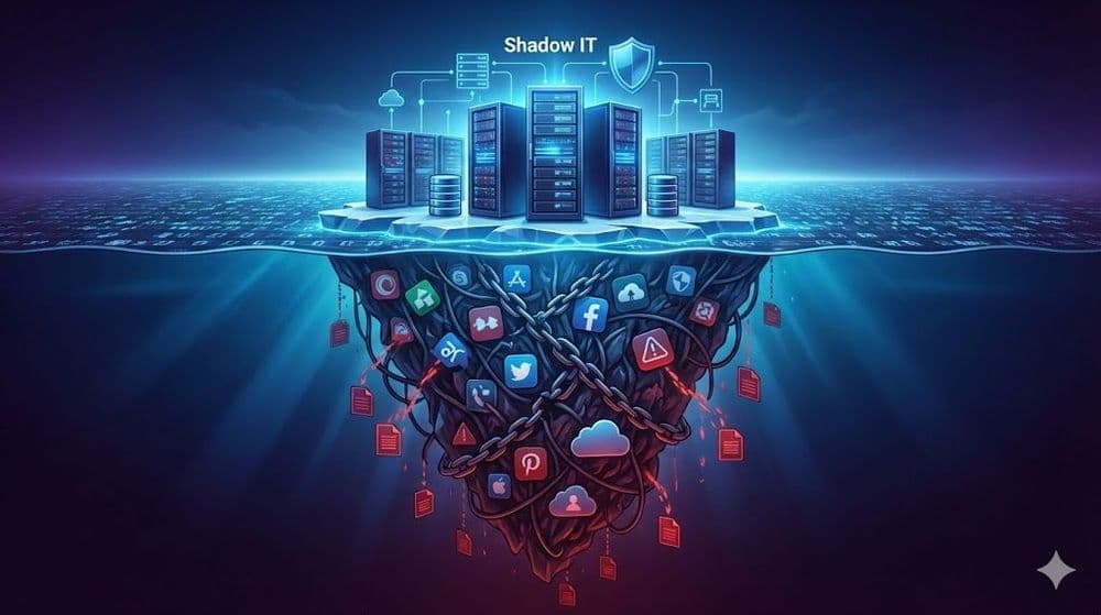 Shadow IT concept illustration showing a data iceberg. Above the water, secure servers with a shield icon represent organizational uptime. Below the water, a large, chaotic mass of chained, unauthorized application icons and warning symbols represent security risks and potential data breaches.