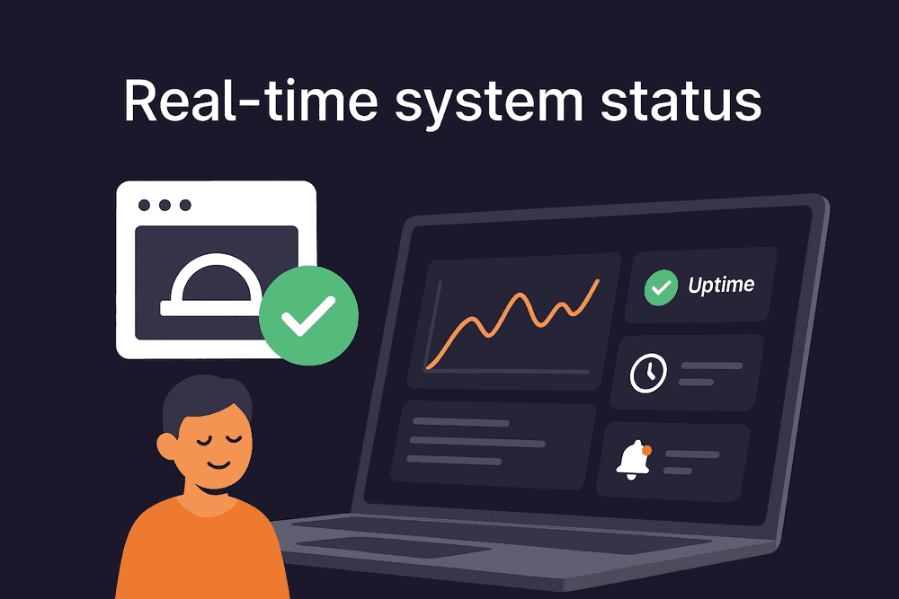 Illustration of a real-time system status page with uptime indicators and alert messages