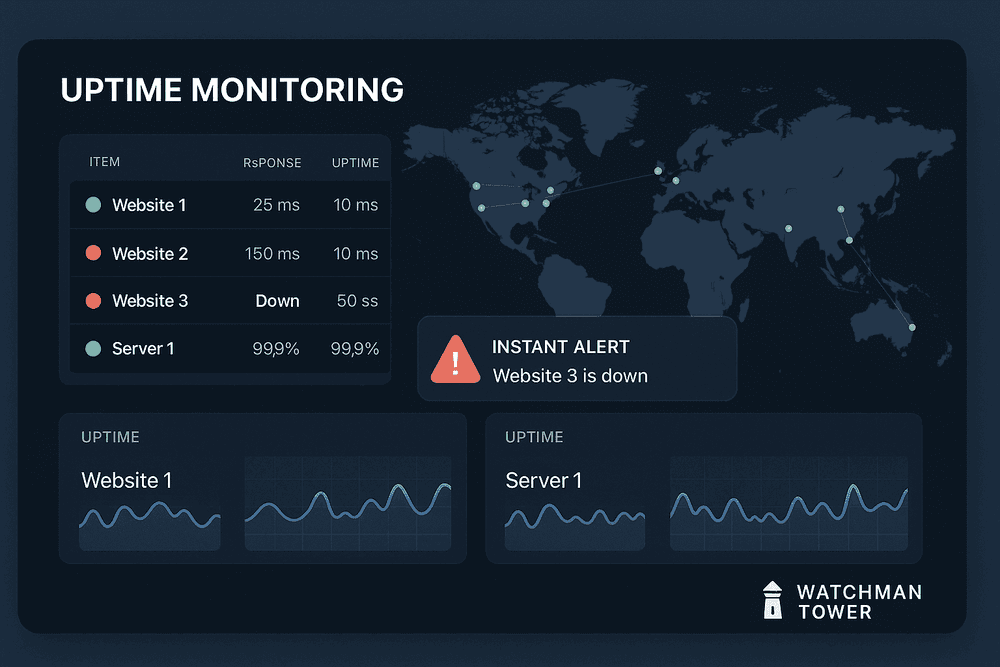 Real-time uptime monitoring dashboard with global status indicators and alert notifications.