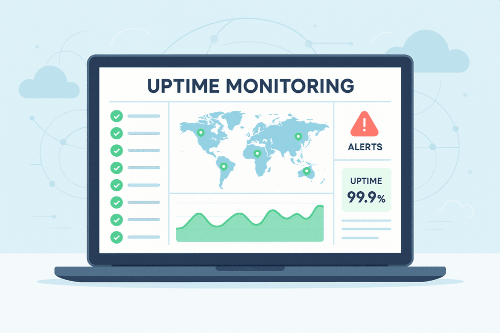 Global website uptime monitoring dashboard showing real-time status, server check locations on a world map, and uptime percentage graphs on a laptop screen.