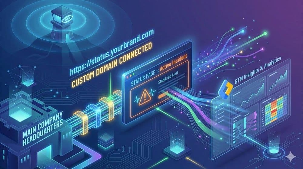 Isometric infographic showing a branded status page with custom domain connection and Google Tag Manager analytics flow.