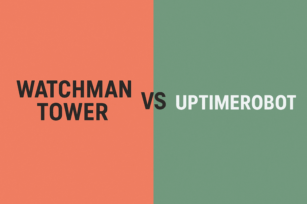 Side-by-side comparison of Watchman Tower and UptimeRobot features in 2025, highlighting monitoring capabilities, status page options, and free plan usage policies.