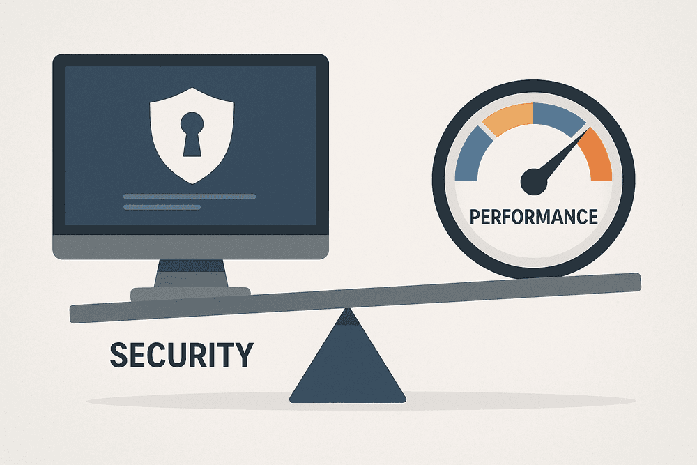 Visual representation of balancing website security and performance to maintain optimal uptime