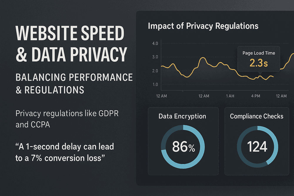 Website performance dashboard illustrating the impact of data privacy regulations like GDPR and CCPA on page speed, response time, and security layers